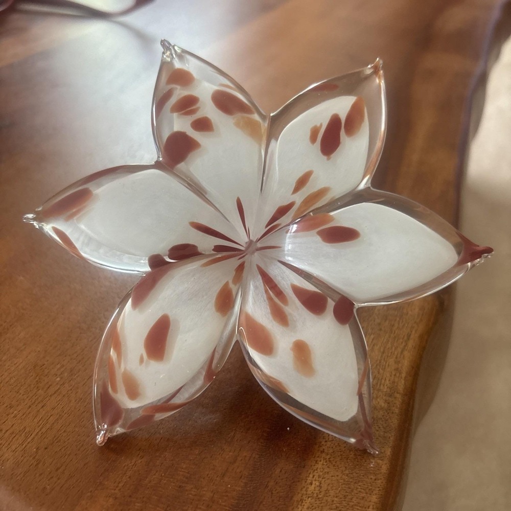 Murano Hand Blown Glass Flower White And Brown Design 6 Petals 5.5" Diam